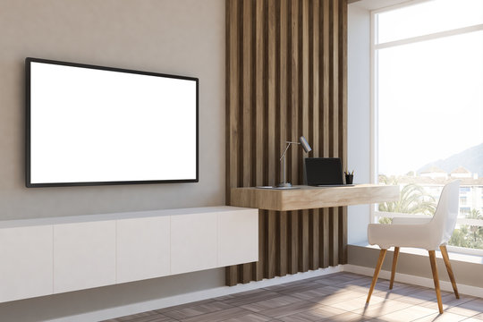 White and wood loft home office, mockup tv