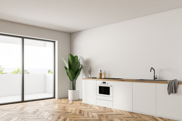 White kitchen island and plant, side view