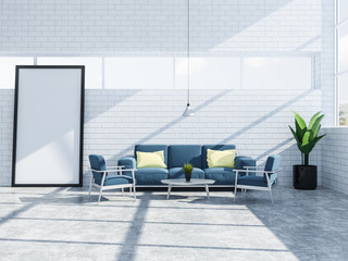 White brick living room interior, poster