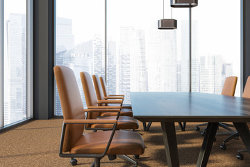 Panoramic meeting room interior, city view closeup