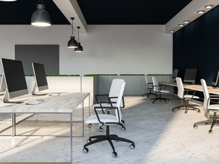 Black ceiling office interior, flowerbeds, poster