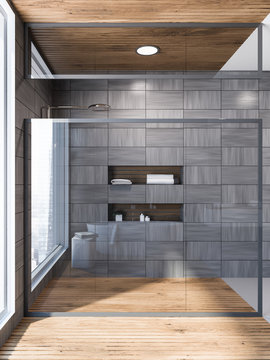 Scandinavian style gray bathroom, shower