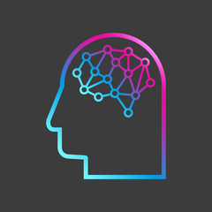 Artificial Intelligence. The image of human head outlines, inside of which there is an abstract circuit board.