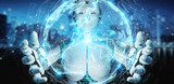 White robot woman using digital sphere connection hologram 3D rendering