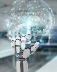 White cyborg hand using digital chart interface 3D rendering