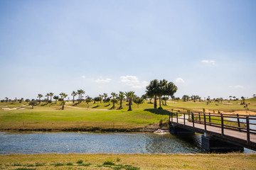 Wooden bridge over the lake and path going through a golf course in Spain on a summer day with clear blue sky