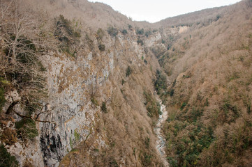 Landscape of high mountains covered with yellow trees and long river