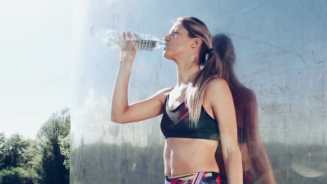 Young fit woman drinking water after exercise