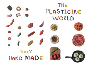 Plasticene world Plasticine food set for kitchen, food hand made on white background