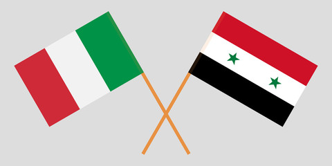 Crossed Syrian Arab Republic and Italy flags. Official colors. Correct proportion. Vector