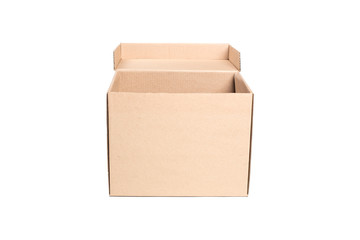 Opened cardboard box. Front view. IsolatedWoman holding cardboard box.  on white.