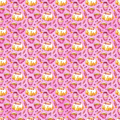 Seamless pattern of a cake, cupcake and cranberry. Picture of a dessert.Watercolor hand drawn illustration.White background.