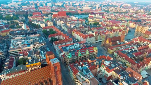 Aerial footage of Wroclaw, European Capital of Culture. Center Town Hall, Market Square, Sky Tower, City panoramic view. Traveling EU.