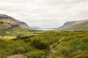 Beautiful Glymur waterfall area on the edge of Hvalfjordur fjord, Iceland