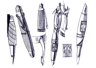 Draft sketch development of the design of an exclusive pen and ballpoint pen.