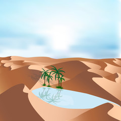 Fototapeta na wymiar Oasis in desert - landscape background. Vector illustration with sand dunes, blue lake and palms.