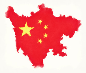 Sichuan China watercolor map with Chinese national flag illustration