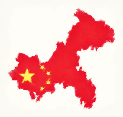 Chongqing China watercolor map with Chinese national flag illustration