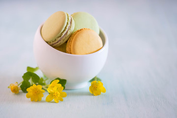 Fototapeta na wymiar Macarons in white porcelain bowl on blue wooden table with nice yellow flowers