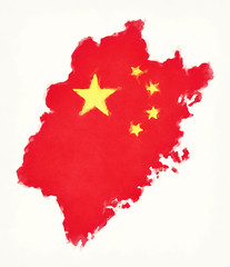 Fujian China watercolor map with Chinese national flag illustration