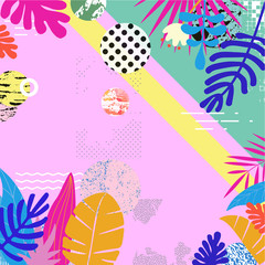 Tropical jungle leaves background. Colorful tropical poster design. Exotic leaves, plants and branches art print. Wallpaper, fabric, textile, wrapping paper vector illustration design