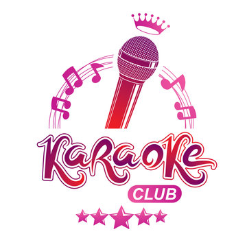 Studio microphone audio equipment composed with royal crown and musical notes, can be used as vector emblem for karaoke club advertising and nightclub discotheque invitation poster.