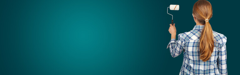 Woman with a roller on green background