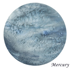 Mercury Planet watercolour illustration. Hand drawn on white background, isolated.