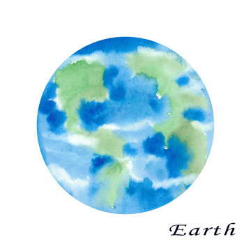 Earth Planet watercolour illustration. Hand drawn on white background, isolated.