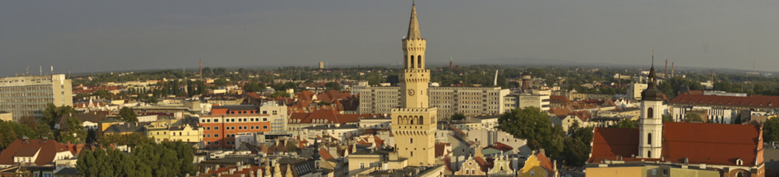 widok z wieży katedralnej w Opolu, ratusz opolski i kości&oacute;ł franciszkański, panorama Opola,
