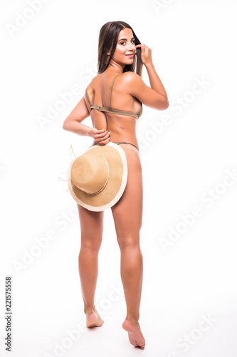 Rear View Back Of Young Beautiful Woman Brunette Isolated On White Background Wearing Summer Beach Hat Rear View Back Of Young Beautiful Woman Brunette Isolated On White Background Wearing Summer Beach Hat