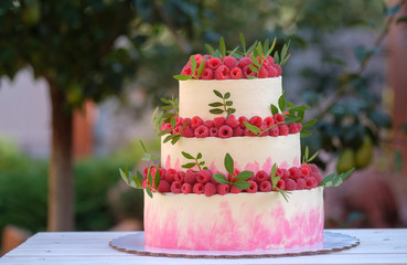 wedding cake in three tiers with fresh raspberries