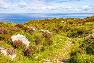 Fototapeta na wymiar Burren way trail with Galway bay in background