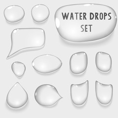 Realistic transparent pure water drops set. Vector isolated illustration.