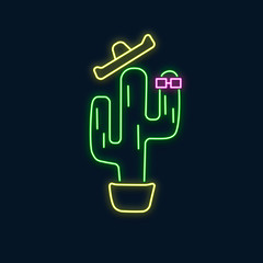 Neon glowing bright sign with cactus. Vector illustration.