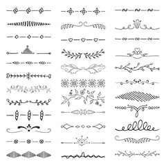 Set of vintage hand drawn vector dividers, lines, borders and laurels. Vector isolated elements.