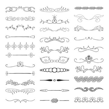 Set of hand drawn vector dividers, lines, borders and laurels. Vector isolated elements.