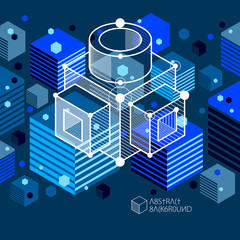 Abstract creative geometric art with a variety of geometric elements dark blue background, vector illustration. Perspective blueprint of mechanism, scheme. Perfect background for your design projects