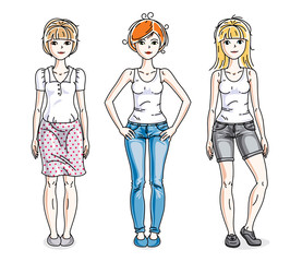Attractive young adult girls female group standing in stylish casual clothes. Vector set of beautiful people illustrations. Fashion and lifestyle theme cartoons.