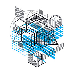 Vector background with abstract isometric lines and figures. Template made with cubes, hexagons, squares, rectangles and different abstract elements.