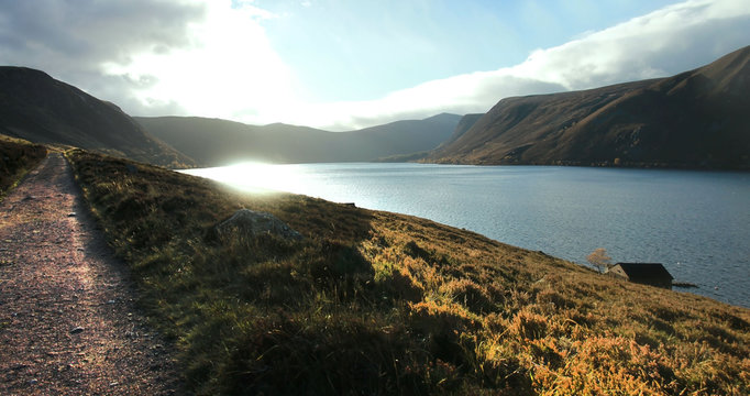 Scottish landscape. Loch Muick in Cairngorms National Park. Royal Deeside, Ballater, Aberdeenshire, Scotland, United Kingdom.