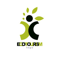 Vector illustration of happy abstract individual with raised hands up. Ecotourism conceptual logo. Green tourism symbol. Wanderlust and countryside vacation icon.