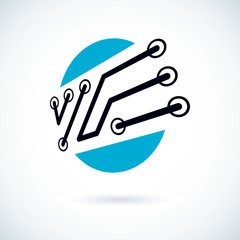 Technology communication cybernetic element. Vector abstract circuit board. Electronic microprocessor logo.
