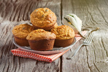 Pumpkin muffins, healthy vegan snack, Thansgiving and autumn dessert, selective focus, toned image
