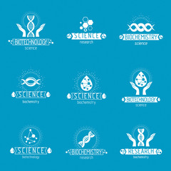 Set of vector models of molecule and human dna. Collection of corporate logotypes created in biomedical engineering, genetics, molecular genetics and biotechnology concepts.