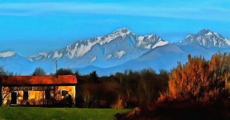 Oil painting. Art print for wall decor. Acrylic artwork. Big size poster. Watercolor drawing. Modern style fine art. Painting for sale. Beautiful mountain autumn landscape. Charming view. Blue sky. 