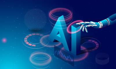 Futuristic concept for artificial intelligence and virtual world. Robotic hand clicking, isometric text AI on digital structure display background.