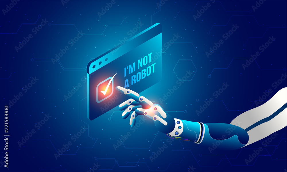 Wall mural robotic hand clicking on captcha 'i am not a robot'. artificial intelligence(ai) concept.