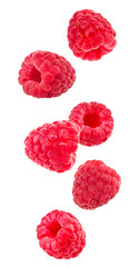 Falling raspberries isolated on a white background
