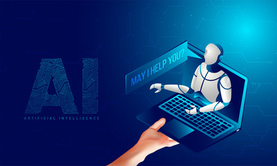 Artificial Intelligence era or virtual reality concept with illustration of robot in laptop for support executive.